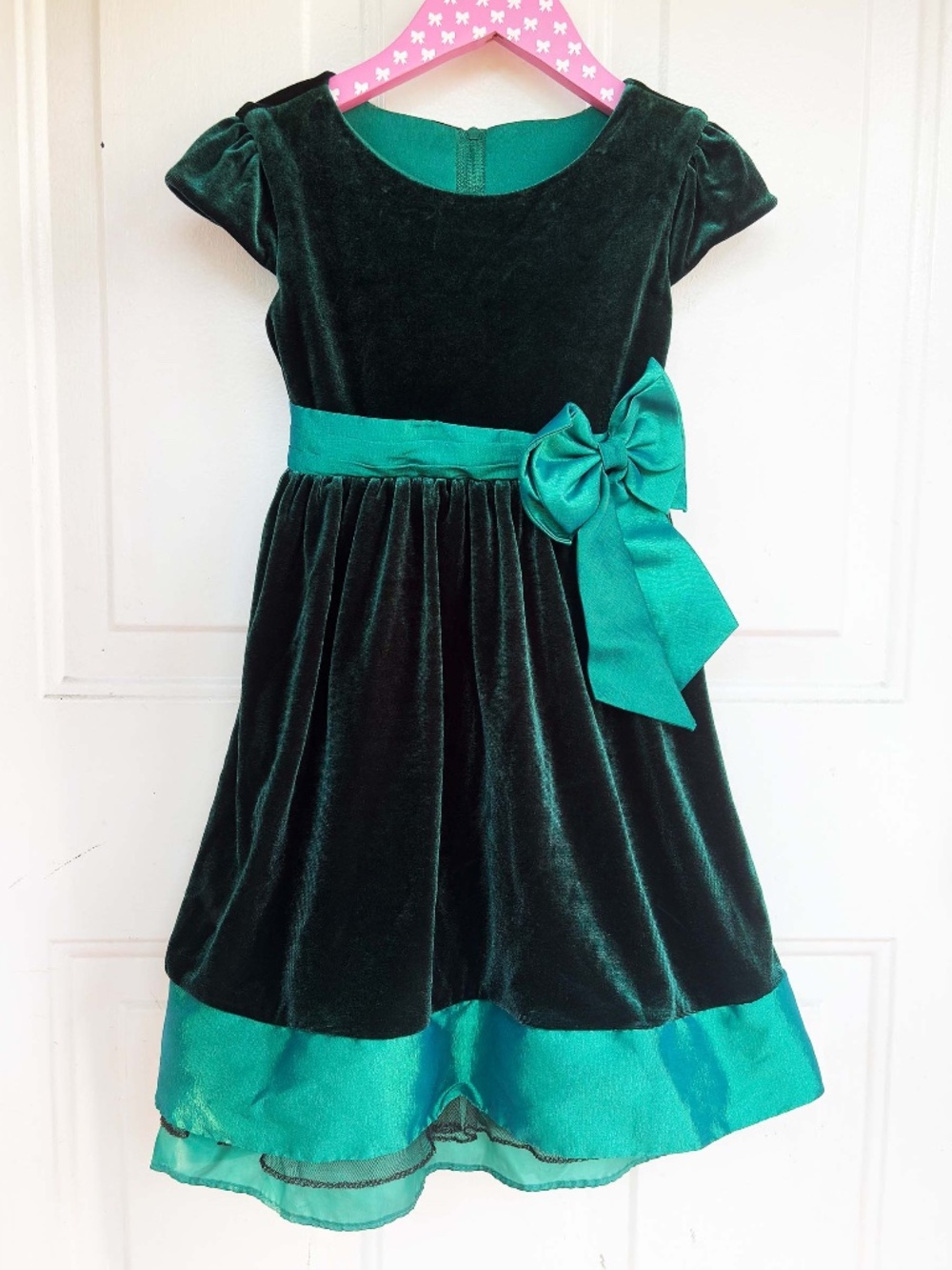 Girls Green Velvet Holiday Dress Teal Bow Christmas Party Formal Kids 6X